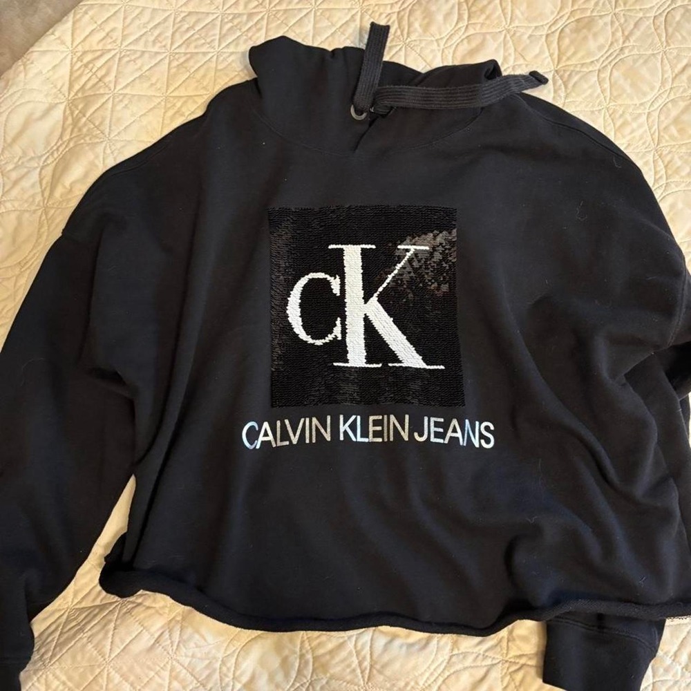 Calvin Klein Jeans Black Cropped Sequin Logo Hoodie Sweatshirt Kids XL